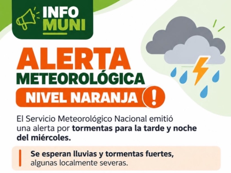 Alerta meteorológica naranja por tormentas fuertes en Villa del Totoral